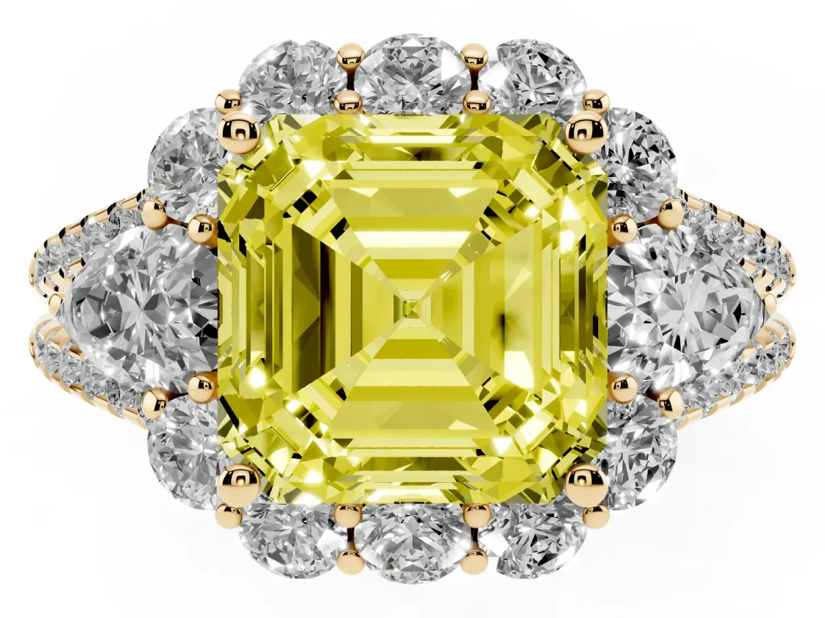 Fancy Yellow Asscher Cut Halo Split Shank Diamond Engagement Ring with Prong Setting Yellow gold