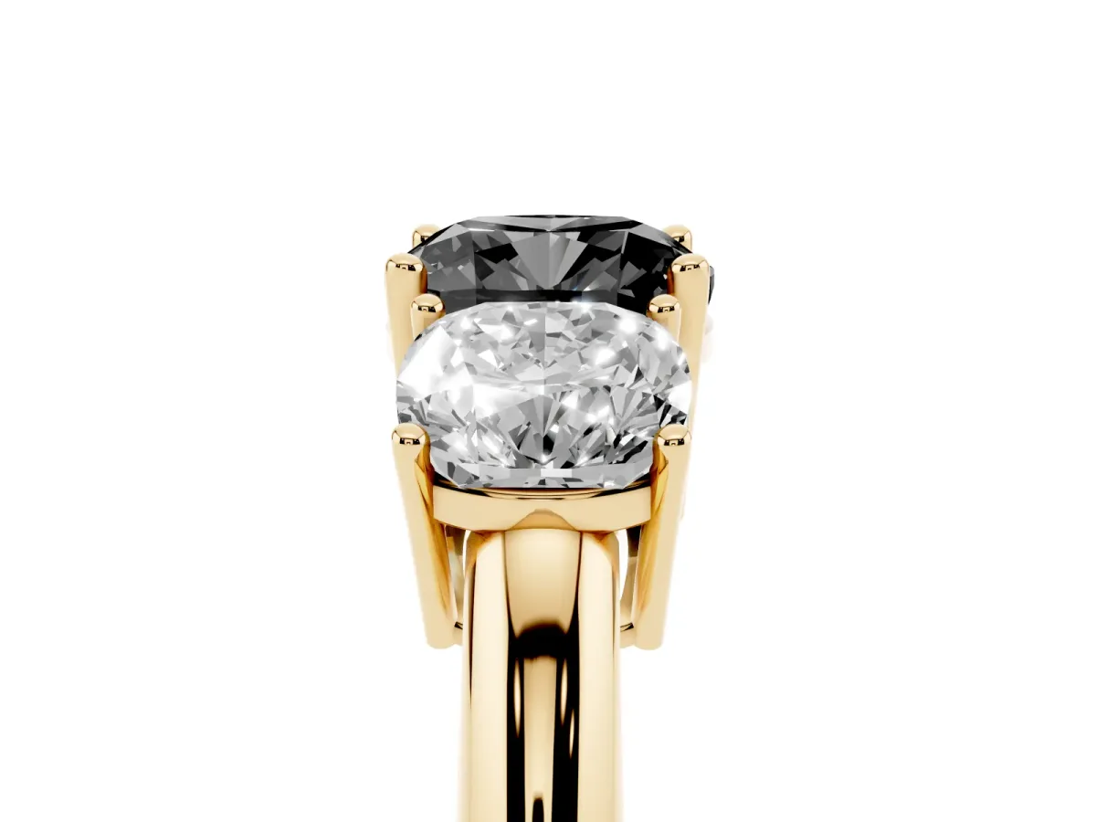 Fancy Black Three-Stone Cushion Cut Cut Diamond Engagement Ring with Prong Setting on a White Gold Band Yellow gold