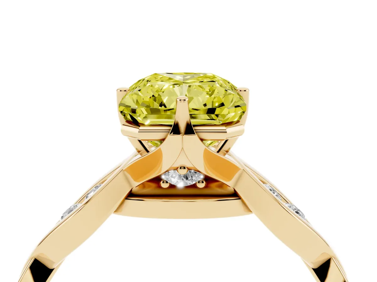 Fancy Yellow Radiant Cut Solitaire Twist Band with Leaf Prong Setting Yellow gold