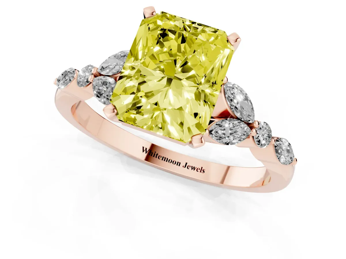 Fancy Yellow Radiant Cut Diamond Solitaire Ring with Side Stones and Four-Prong Setting Rose gold