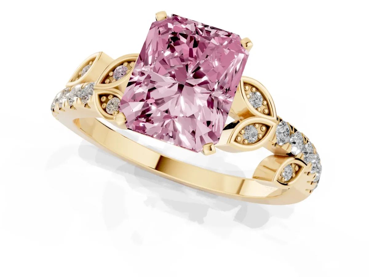 Fancy Pink Radiant Cut Solitaire Leaf-Inspired Diamond Ring with Pavé Band and Four-Prong Setting Yellow gold