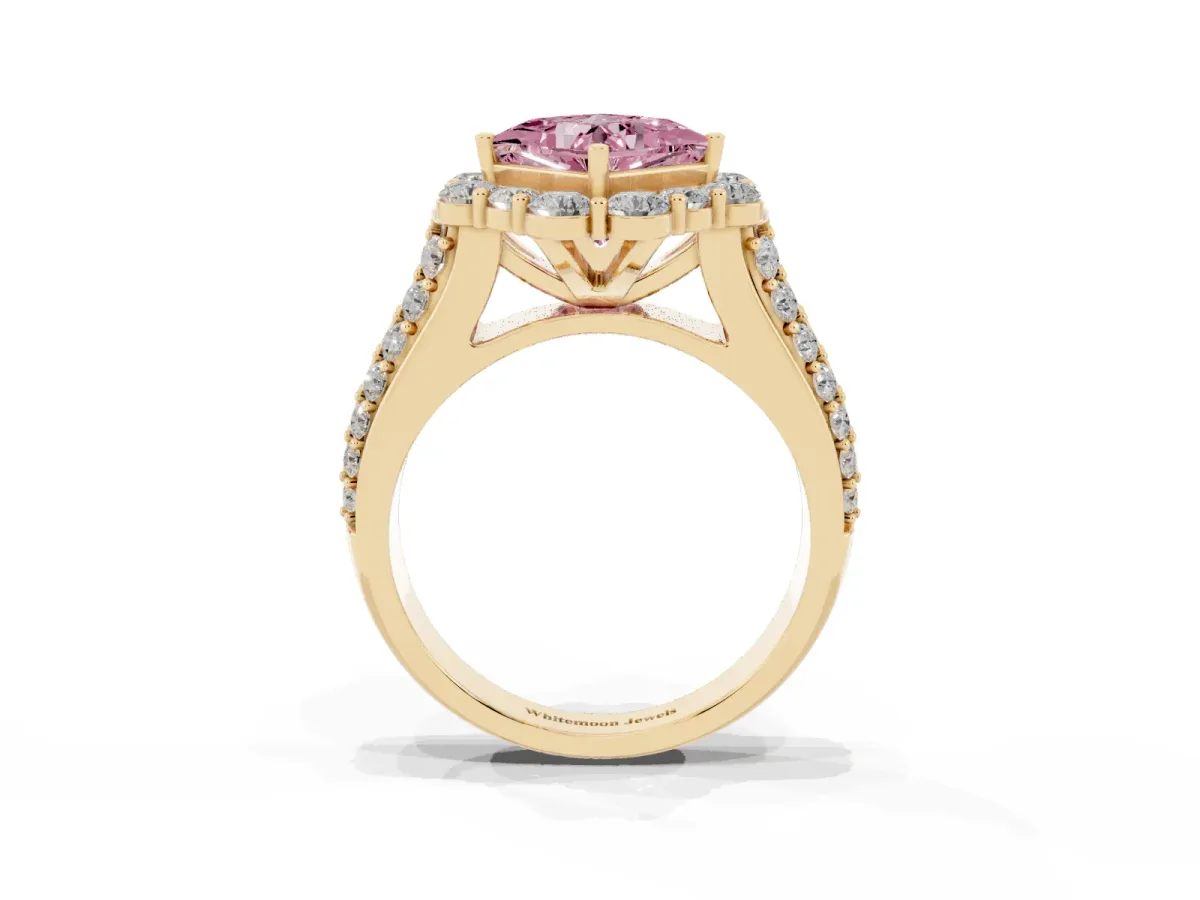 Fancy Pink Princess Cut Halo Diamond Engagement Ring with Split Shank and Prong Setting Yellow gold