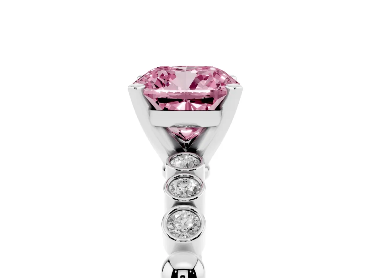 Fancy Pink Cushion Cut Solitaire Bezel Accent Diamond Engagement Ring with Beaded Band and Four-Prong Setting Platinum