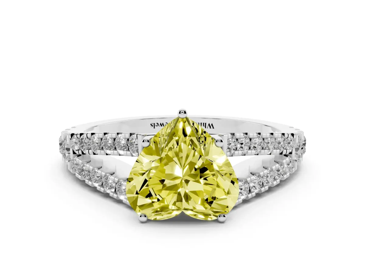 Fancy Yellow Heart Cut Diamond Split Shank Pavé Engagement Ring with Four-Prong Setting Platinum