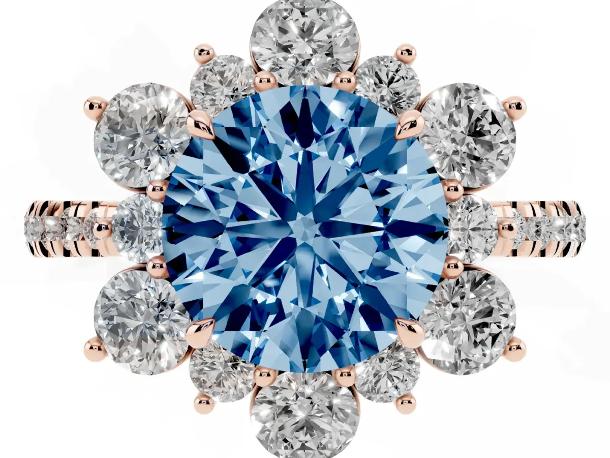 Fancy Blue Round Cut Diamond Floral Halo Ring with Round Pavé Band and Prong Setting Rose gold