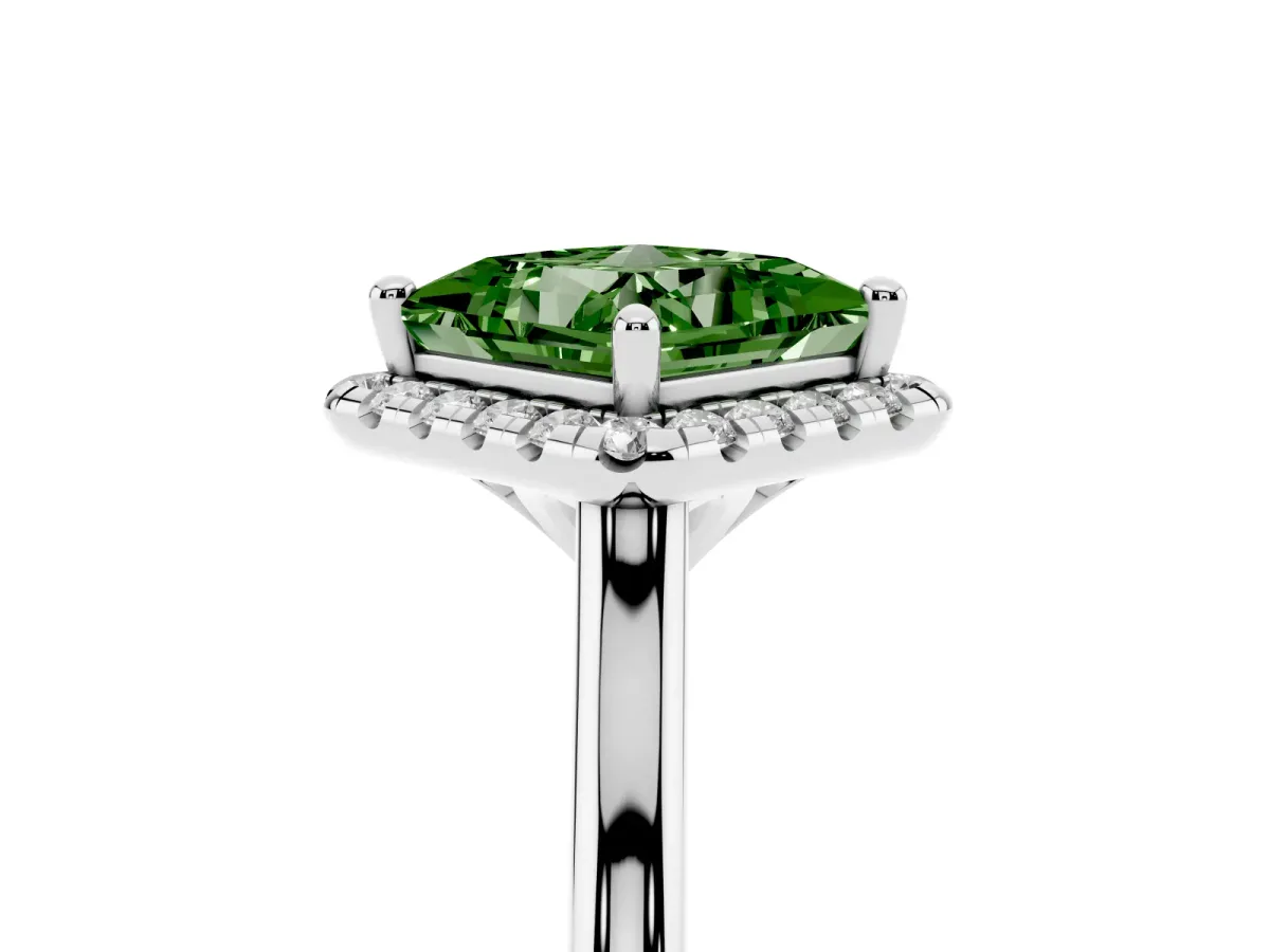 Fancy Green Princess Cut Halo Round Diamond Solitaire Engagement Ring with Pave Band and Four-Prong Setting White gold