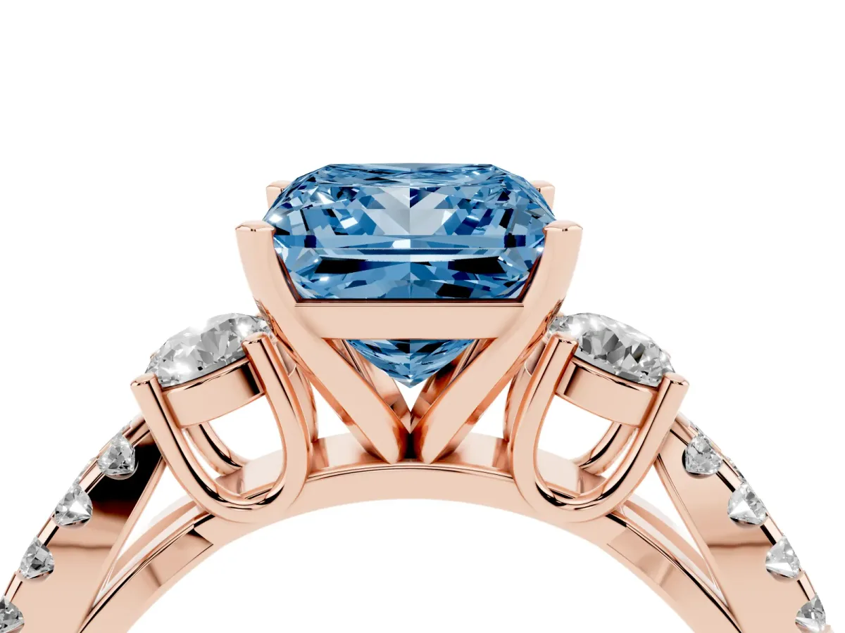 Fancy Blue Princess Cut Diamond Three-Stone Ring with Pavé Split Shank and Four-Prong Setting Rose gold