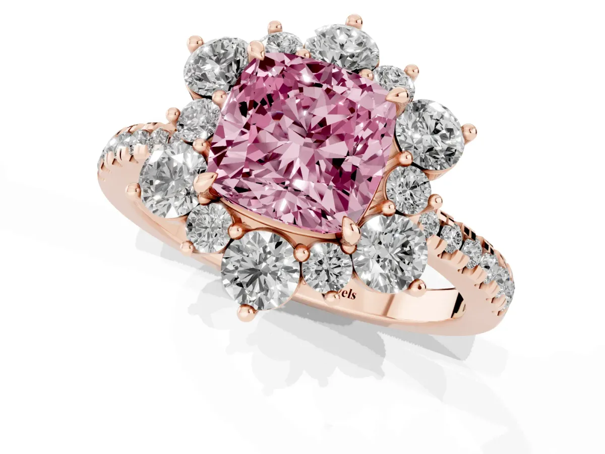 Fancy Pink Cushion Cut Diamond Floral Halo Ring with Round Pavé Band and Prong Setting Rose gold