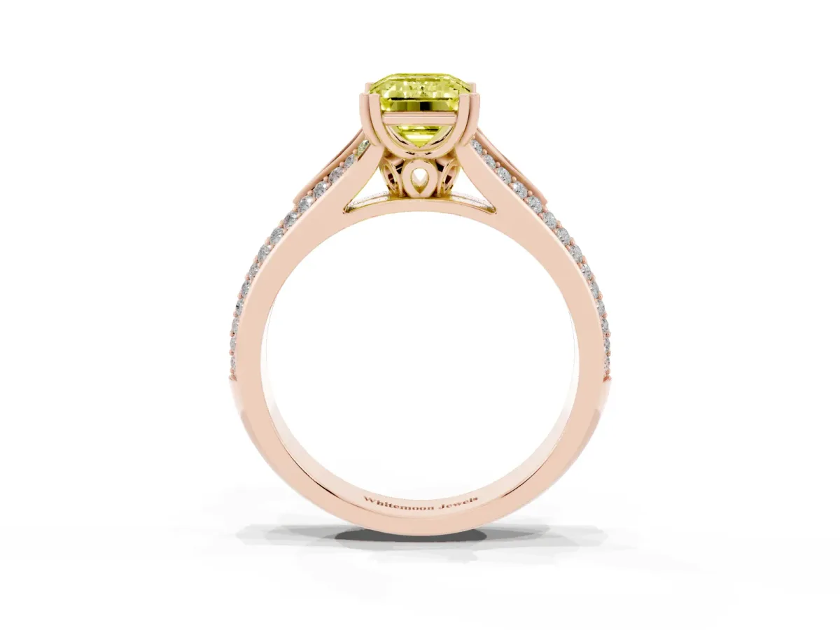 Fancy Yellow Emerald Cut Diamond Split Shank Engagement Ring with Pavé Band Rose gold