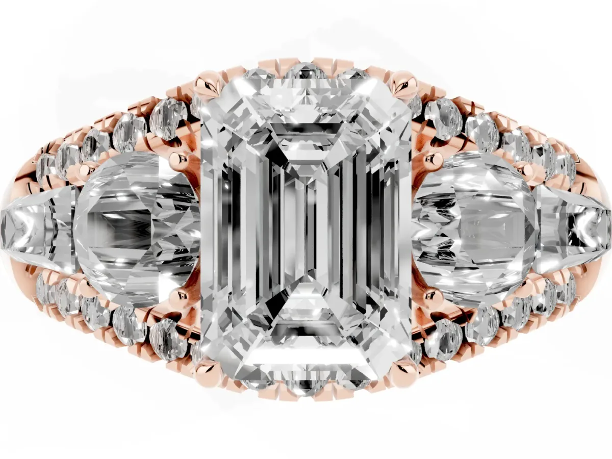 Three-Stone Emerald Cut Diamond Engagement Ring with Pave Band and Prong Setting Rose gold