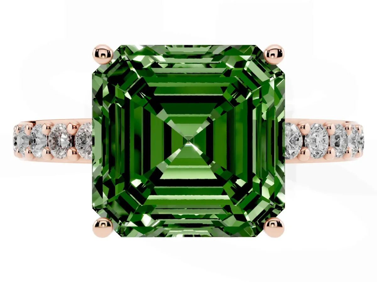 Fancy Green Asscher Cut Cut Diamond Solitaire with Pave Band and Four-Prong Setting Rose gold