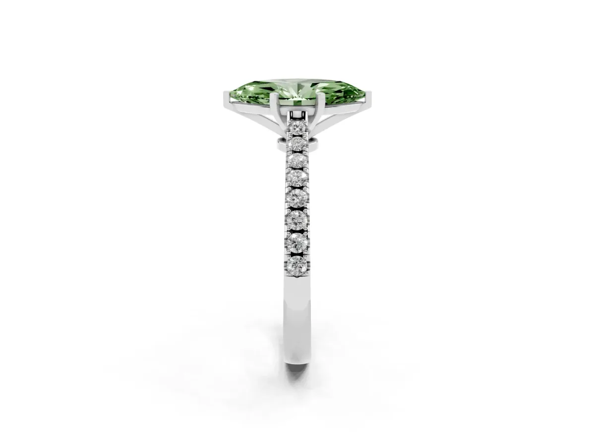 Fancy Green Marquise Cut Cut Solitaire Diamond Engagement Ring with Pave Band and Four-Prong Setting White gold