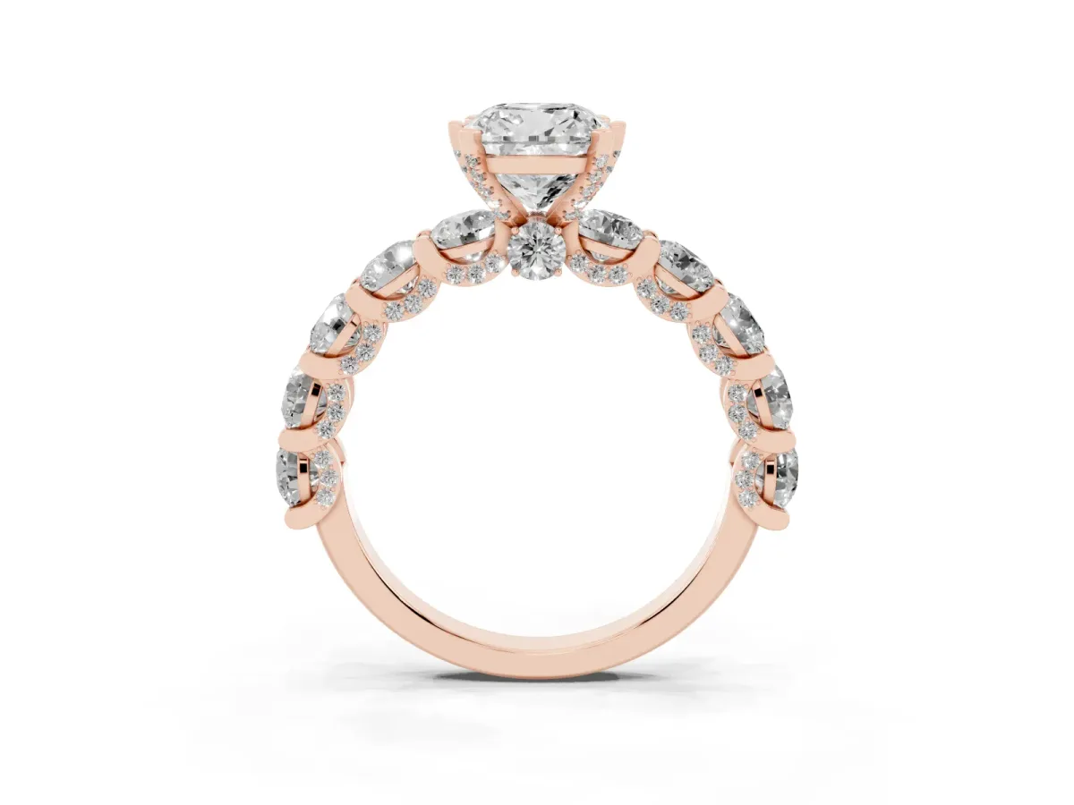 Cushion Cut Diamond Side Stone Engagement Ring with Four-Prong Setting Rose gold