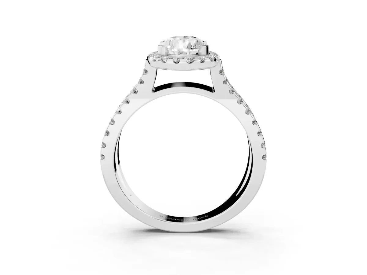 Pear Cut Diamond Halo Ring with Split Shank Pavé Band and Prong Setting Silver