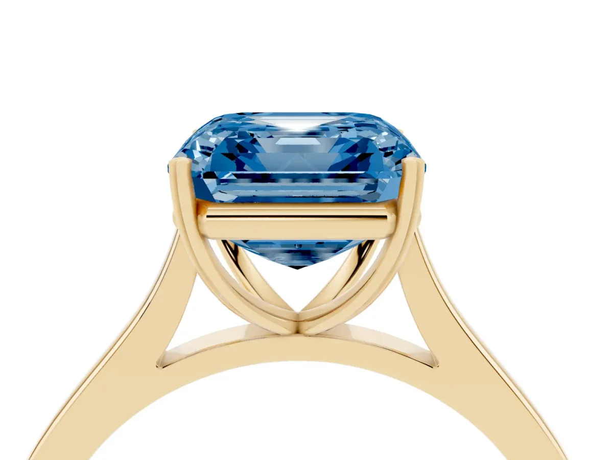 Fancy Blue Asscher Cut Solitaire Heart Prong Engagement Ring with Tapered Band Yellow gold
