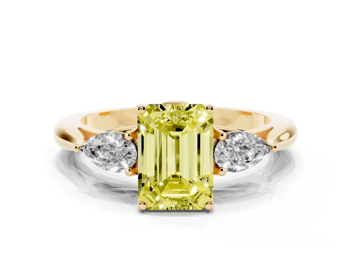 Fancy Yellow Emerald Cut Diamond Three-Stone Ring with Pear Side Stones and Prong Setting Yellow gold