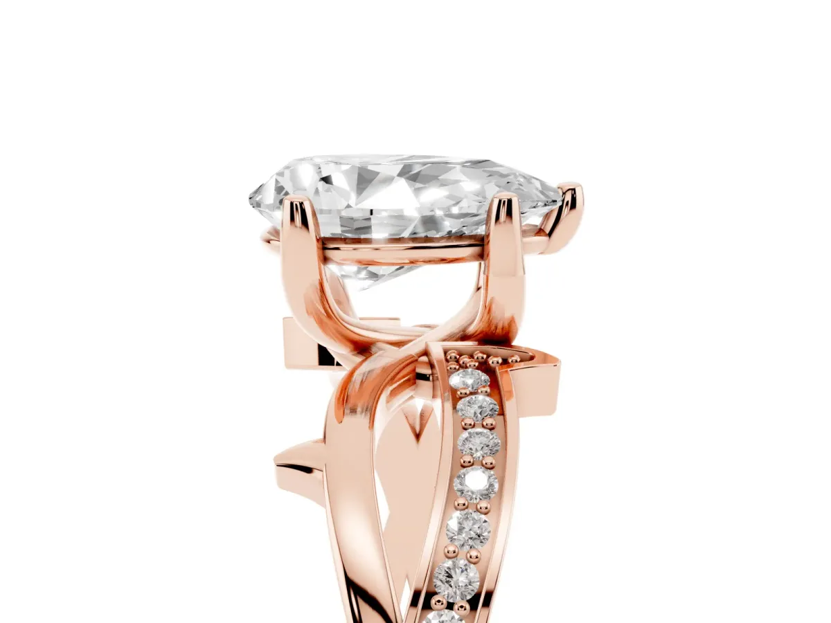 Pear Cut Solitaire Twist Band with Pavé Accents and Four-Prong Setting Rose gold