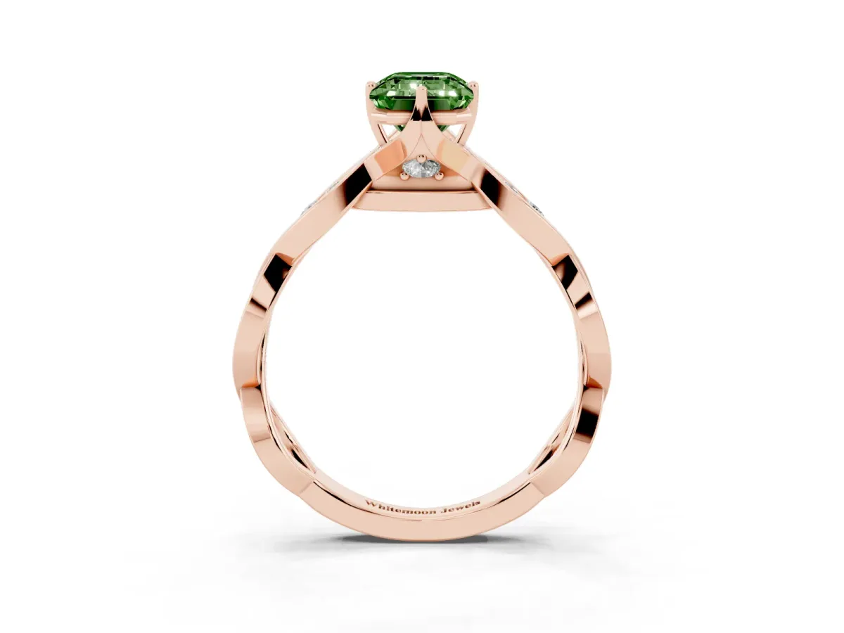 Fancy Green Emerald Cut Solitaire Twist Band with Leaf Prong Setting Rose gold