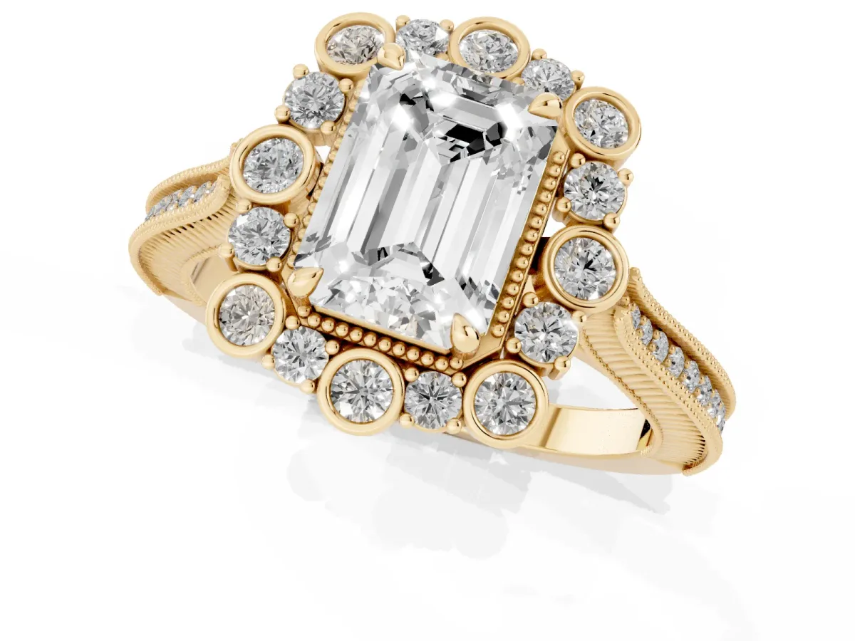 Emerald Cut Halo Milgrain Pave Diamond Ring with Four-Prong Setting Yellow gold