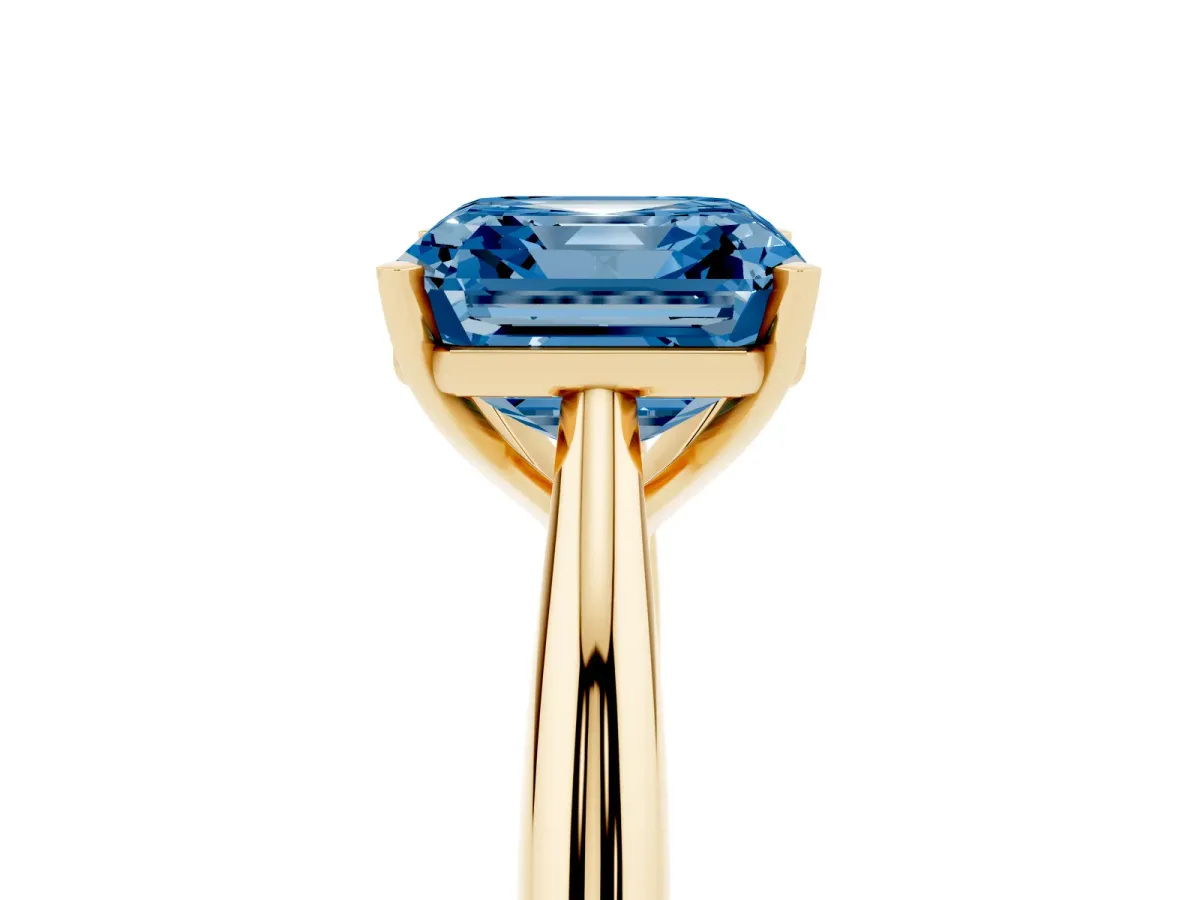 Fancy Blue Asscher Cut Diamond Solitaire Engagement Ring with Cathedral Setting and Four-Prong Mount Yellow gold