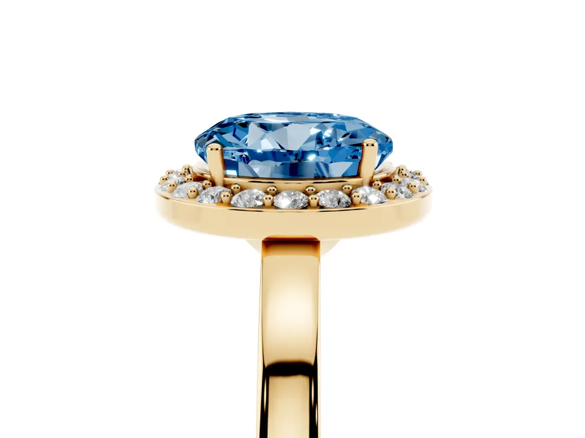 Fancy Blue Round Cut Halo Diamond Ring with Solitaire Band and Prong Setting Yellow gold