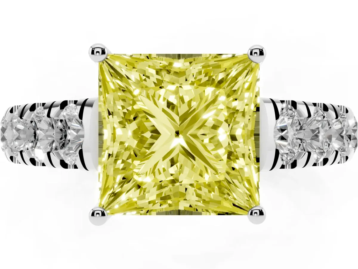 Fancy Yellow Princess Cut Cut Diamond Solitaire Ring with Micro Pave Band and Prong Setting Silver