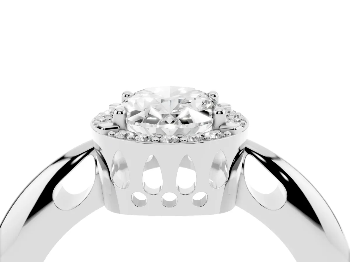 Oval Cut Cut Diamond Halo Engagement Ring with Split Shank and Four-Prong Setting Silver