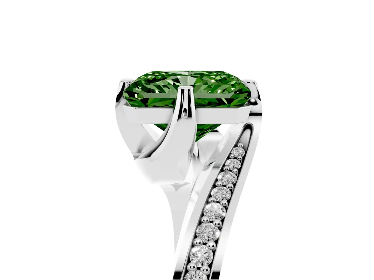 Fancy Green Radiant Cut Solitaire Diamond Twist Band with Pavé Setting and Four-Prong Setting Silver