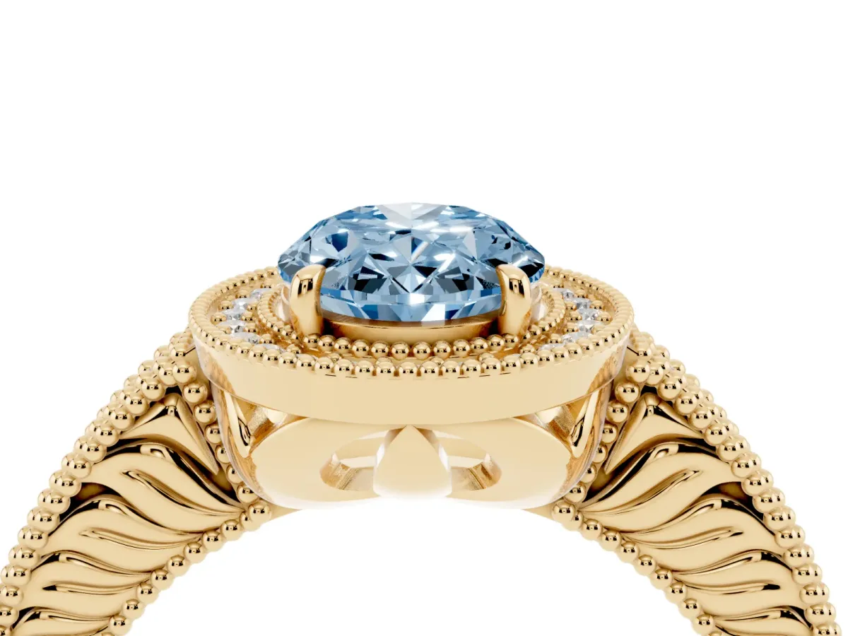 Fancy Blue Oval Cut Cut Halo Diamond Ring with Pavé Band and Four-Prong Setting Yellow gold