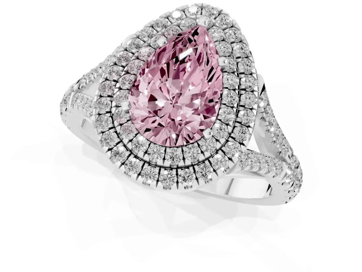 Fancy Pink Pear Cut Diamond Double Halo Ring with Split Shank and Prong Setting Platinum
