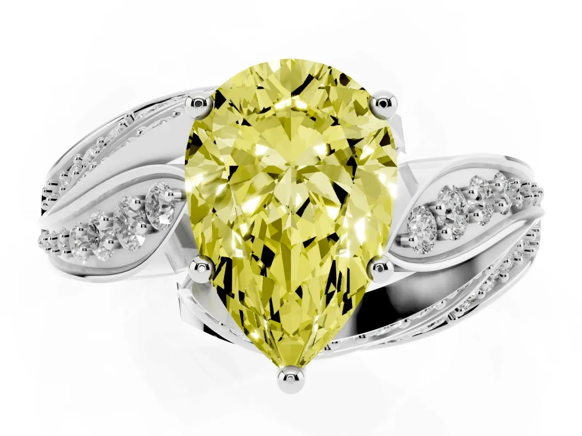 Fancy Yellow Pear Cut Diamond Solitaire Ring with Prong Setting and Twisted Pavé Band Silver