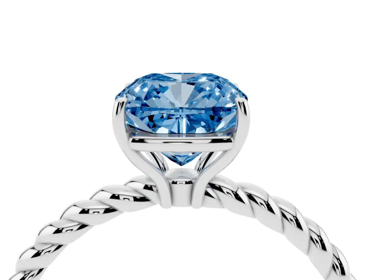 Fancy Blue Cushion Cut Solitaire Twisted Band 4-Prong Ring Silver