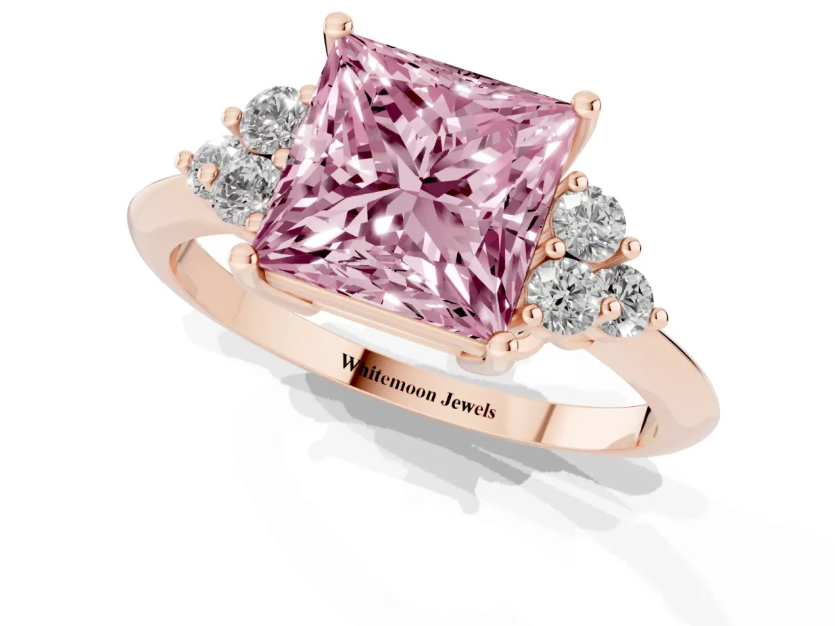 Fancy Pink Princess Cut Cut Diamond Cluster Ring with Solitaire Band and Four-Prong Setting Rose gold