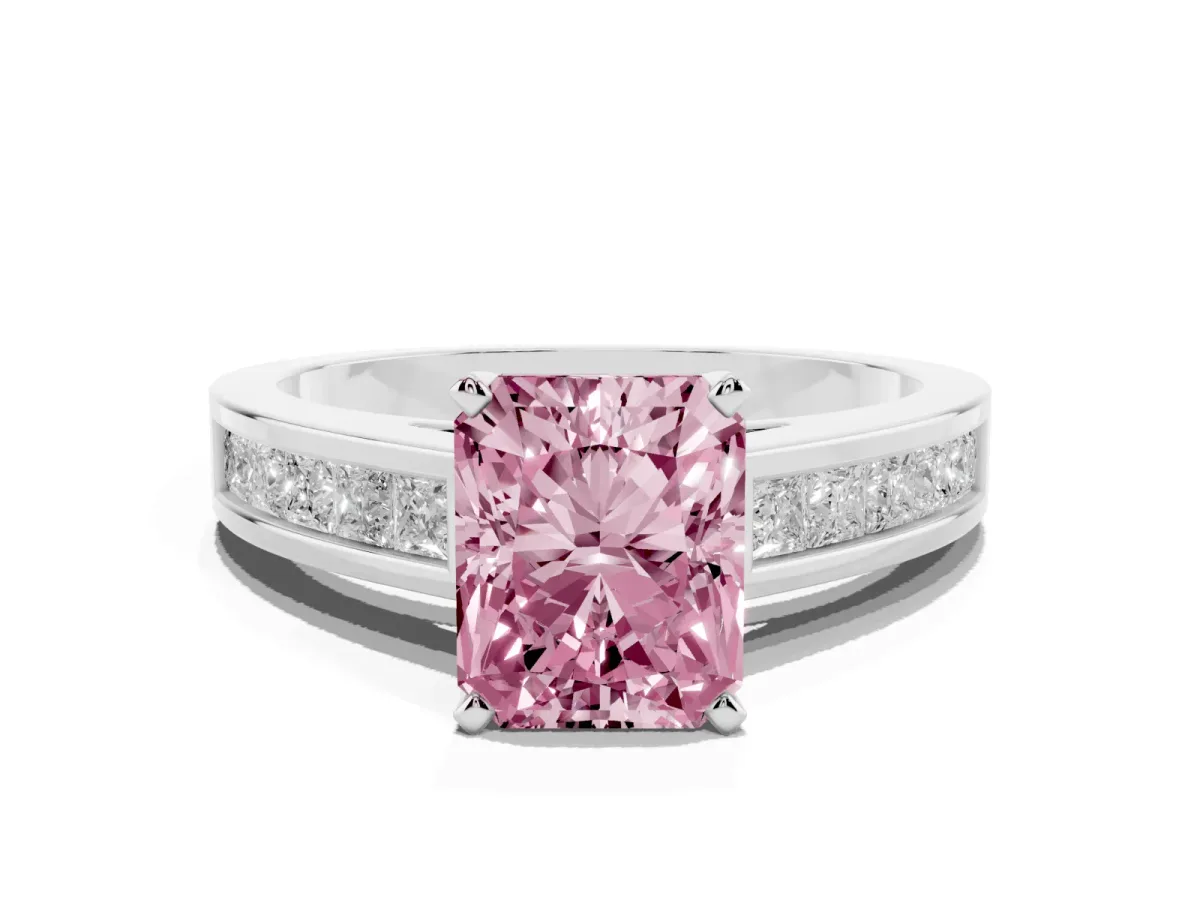 Fancy Pink Radiant Cut Solitaire Diamond Ring with Channel-Set Band and Four-Prong Setting Silver