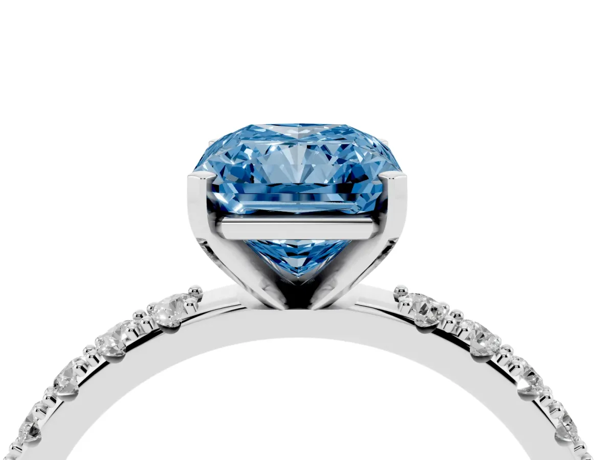 Fancy Blue Radiant Cut Diamond Solitaire Pavé Band with Four-Prong Setting Silver