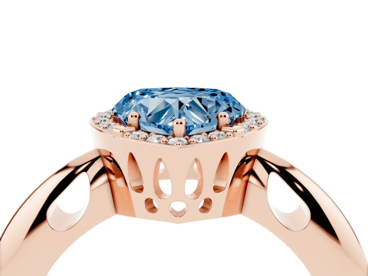 Fancy Blue Heart Cut Cut Diamond Halo Engagement Ring with Split Shank and Four-Prong Setting Rose gold