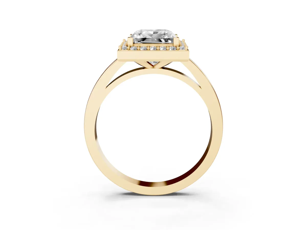 Princess Cut Halo Diamond Ring with Solitaire Band and Prong Setting Yellow gold