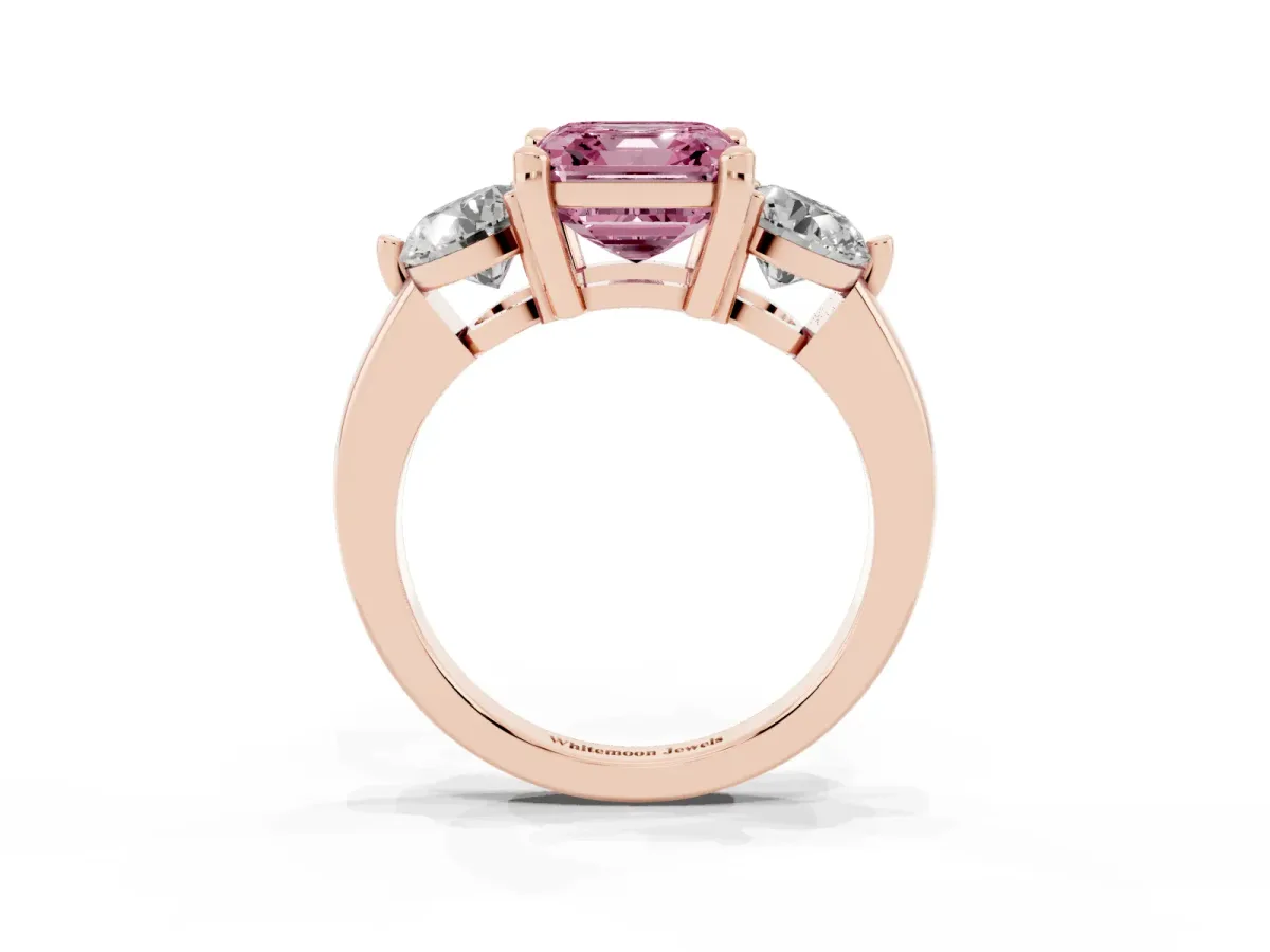 Fancy Pink Three-Stone Asscher Cut Brilliant Cut Solitaire Ring with Prong Setting on a Classic Band Rose gold