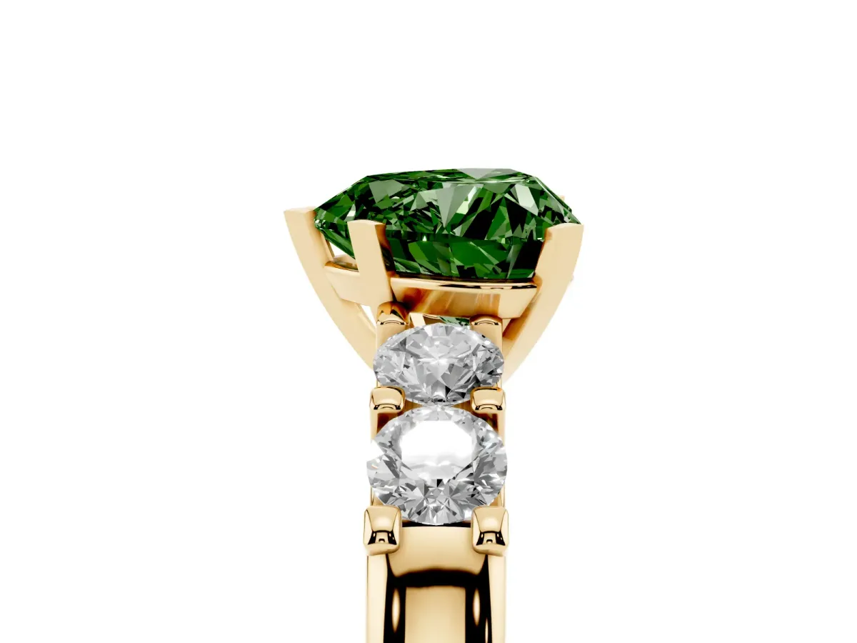 Fancy Green Heart Cut Brilliant Cut Diamond Five-Stone Prong Set Engagement Ring with Channel Band Yellow gold