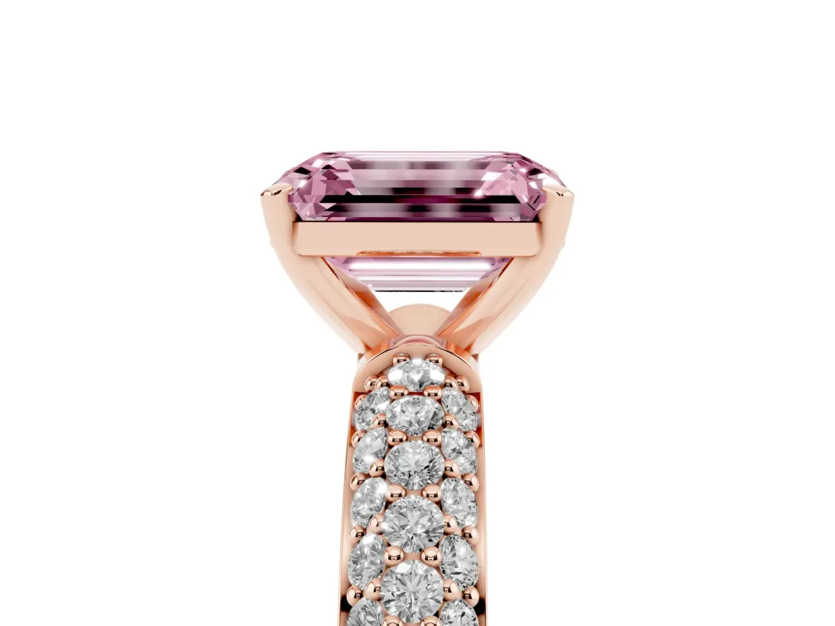 Fancy Pink Emerald Cut Diamond Solitaire Ring with Prong Setting and Pavé Band Rose gold