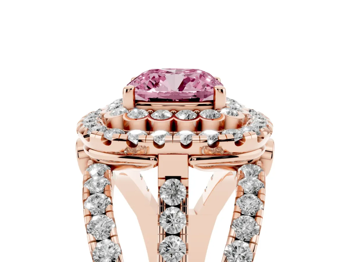 Fancy Pink Cushion Cut Diamond Double Halo Ring with Round Pavé Split Shank and Prong Setting Rose gold