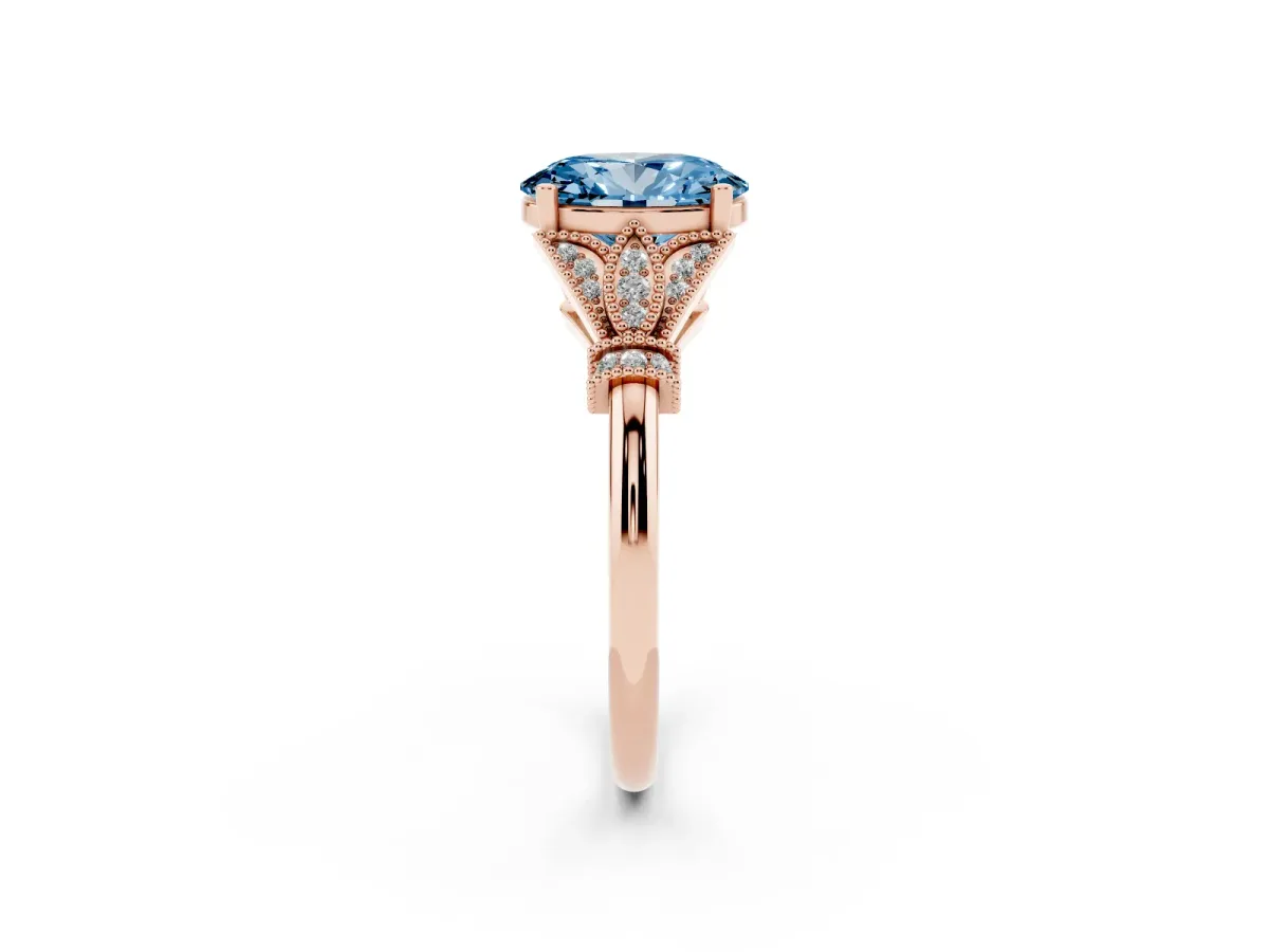 Fancy Blue Oval Cut Diamond Solitaire Ring with Floral Filigree and Pave Accents Rose gold
