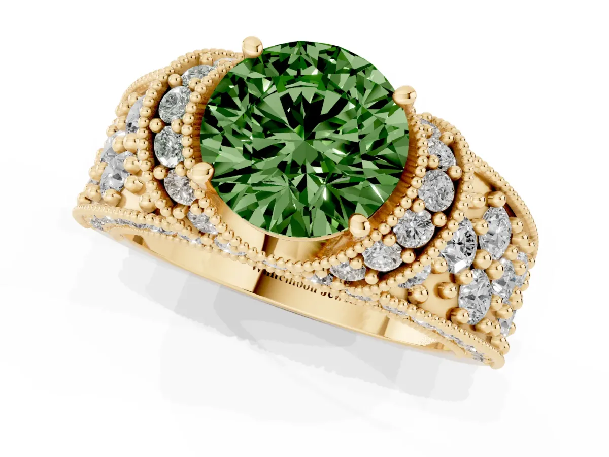 Fancy Green Round Cut Halo Pave Diamond Engagement Ring with Milgrain Detailing Yellow gold