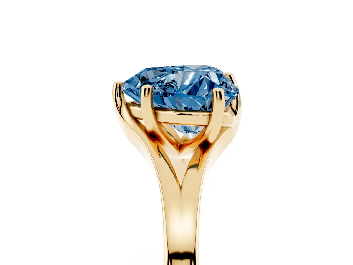Fancy Blue Heart Cut Solitaire Diamond Ring with Six-Prong Setting and Tapered Band Yellow gold