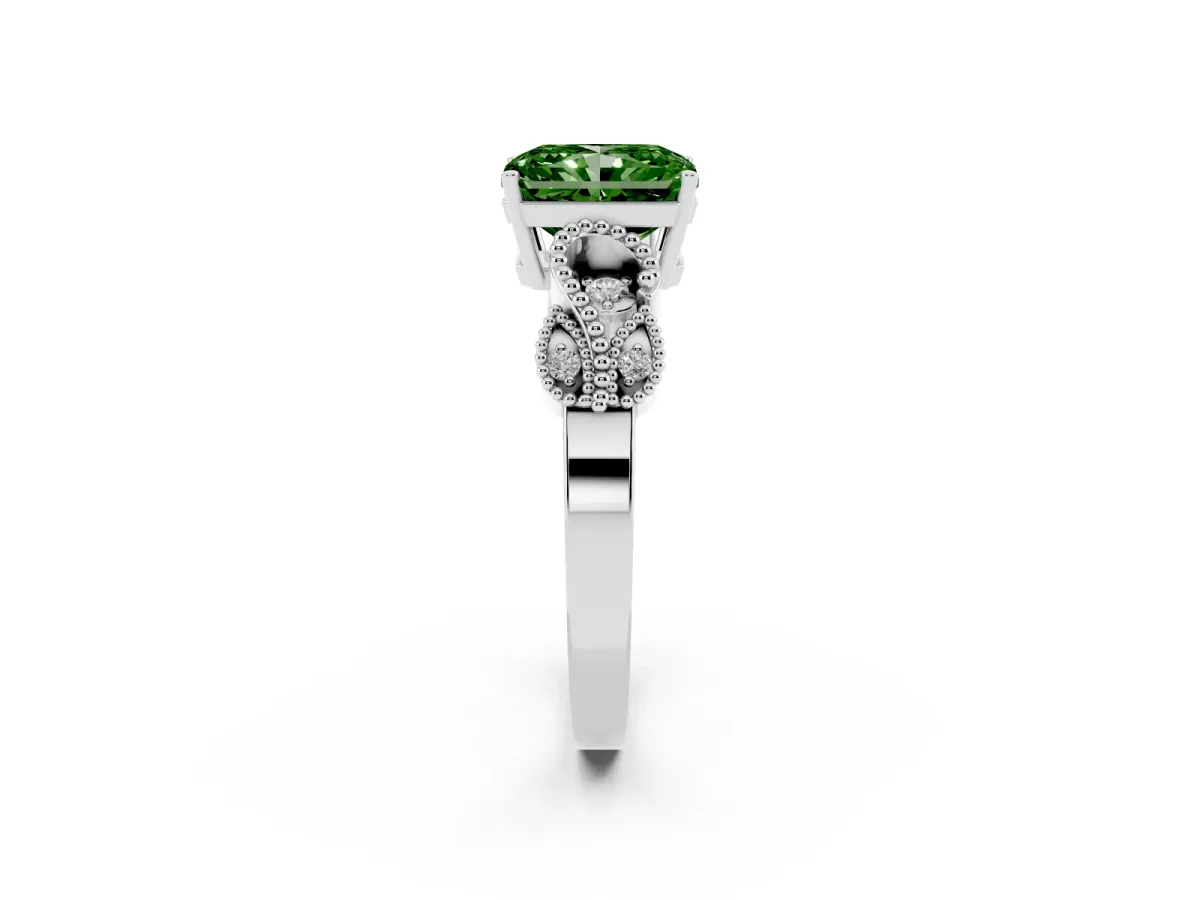 Fancy Green Radiant Cut Solitaire Milgrain Leaf Band with Prong Setting Silver