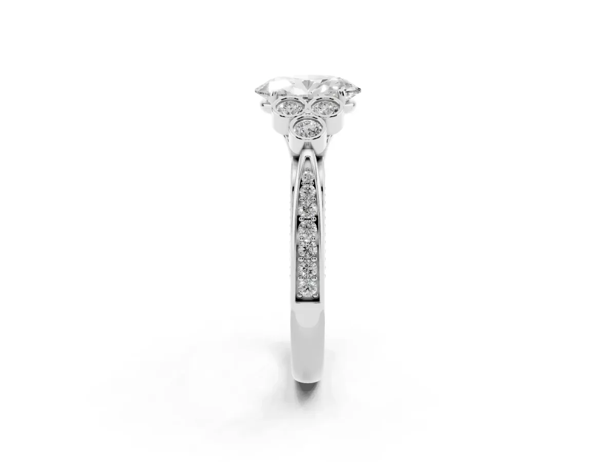 Oval Cut Cut Diamond Engagement Ring with Bezel Set Round Side Stones and Prong Setting Silver