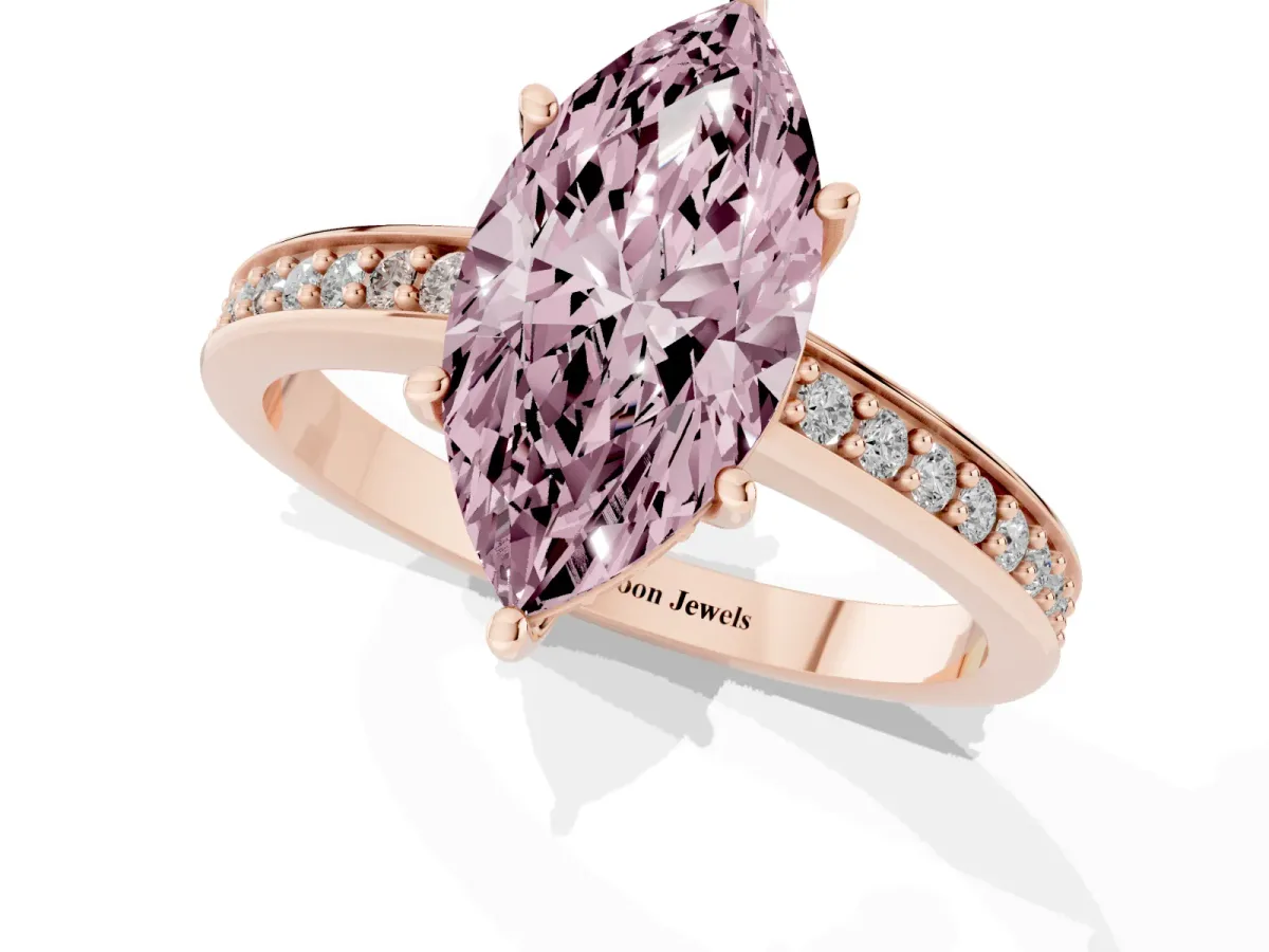 Fancy Pink Marquise Cut Solitaire Pavé Band Prong Setting Ring Rose gold