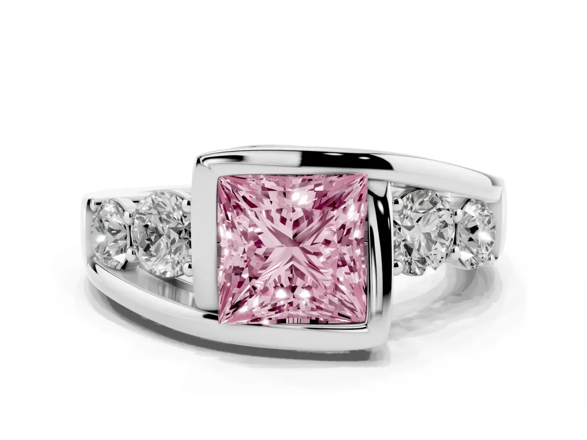 Fancy Pink Bezel Set Princess Cut Diamond Bypass Ring with Round Accents Silver