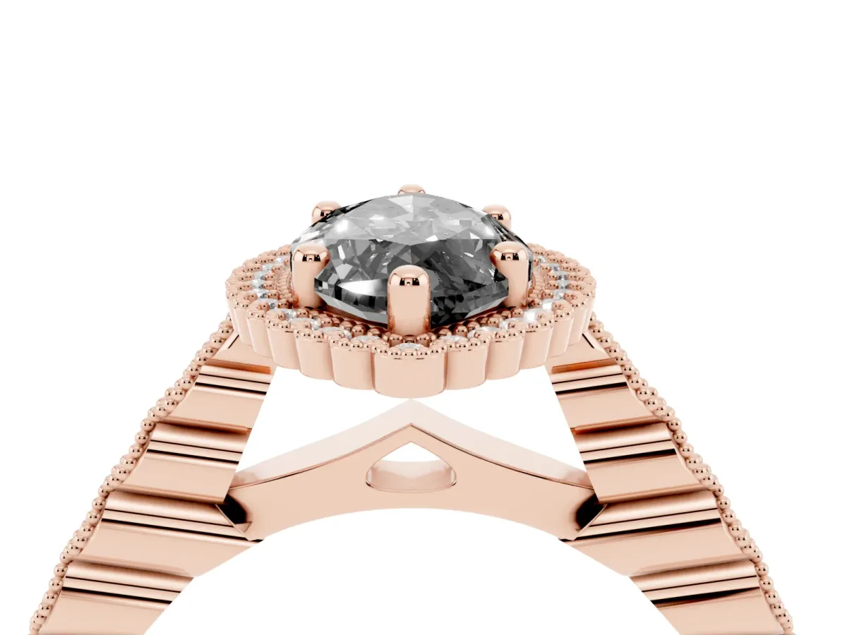 Fancy Black Marquise Cut Cut Halo Pavé Solitaire Ring with Milgrain Band Rose gold