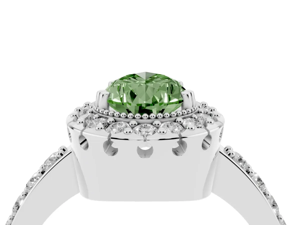 Fancy Green Pear Cut Diamond Halo Ring with Pavé Band and Prong Setting Silver